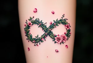 An infinity symbol woven from delicate roses and green vines, with pink petals scattered around. tattoo idea