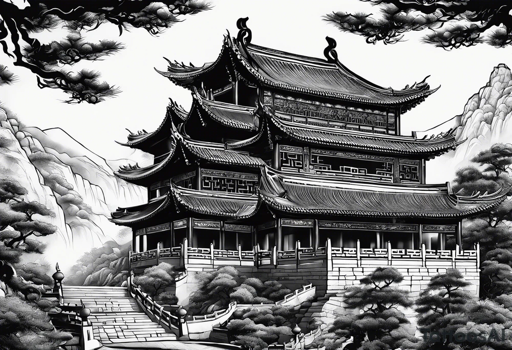 Chinese wall, realistic,chinese art, surroundings wall tattoo idea