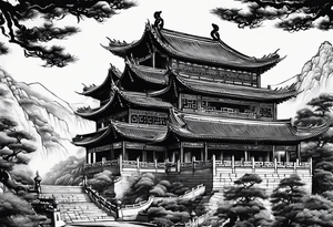 Chinese wall, realistic,chinese art, surroundings wall tattoo idea