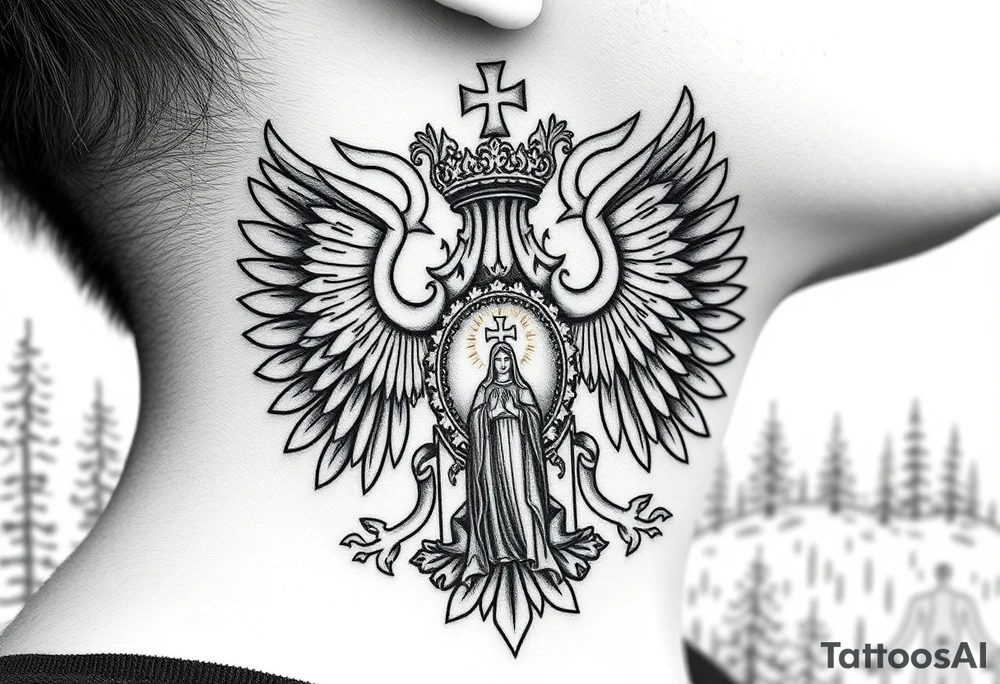 russian coat of arms double headed eagle traditional christian orthodox cross with a virgin mary stood in the entrance of a russian orthodox dome church on the side of the neck in a wilderness setting tattoo idea
