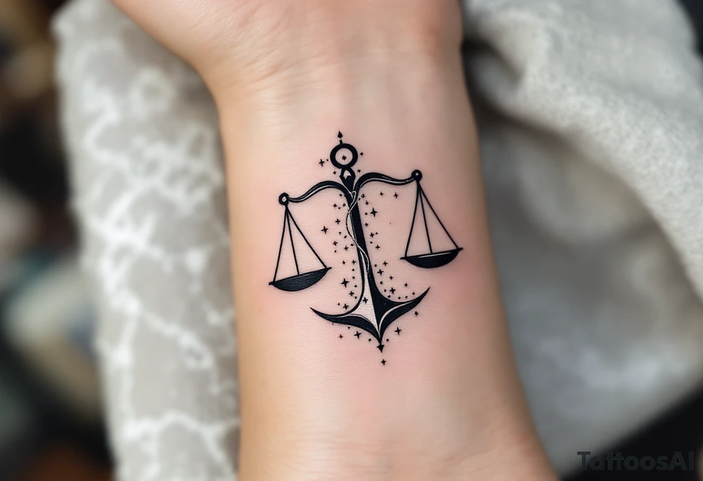 The Libra symbol in bold black anchors a silver-ink star path . tattoo idea