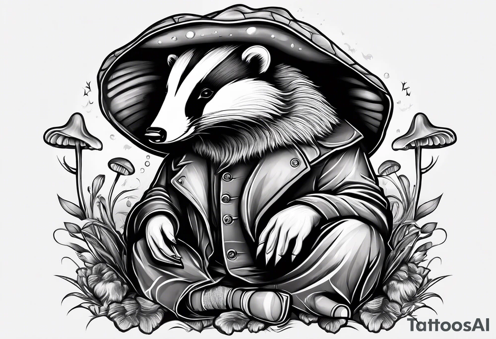 Badger in a coat sitting on a mushroom tattoo idea
