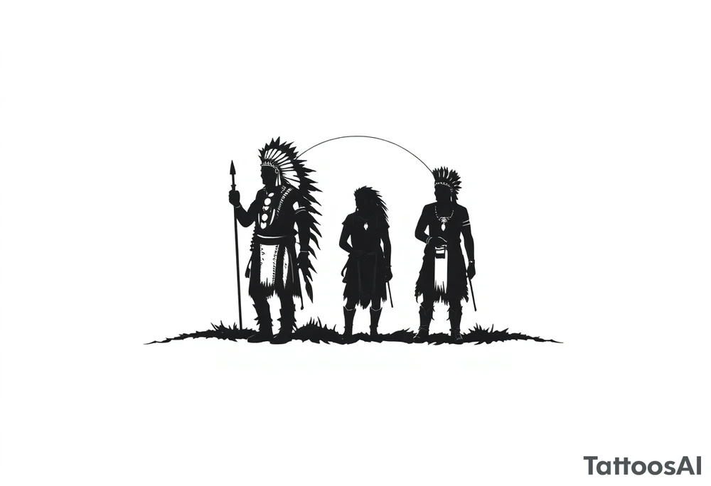 Silhouette of group of Native Americans in sunset tattoo idea