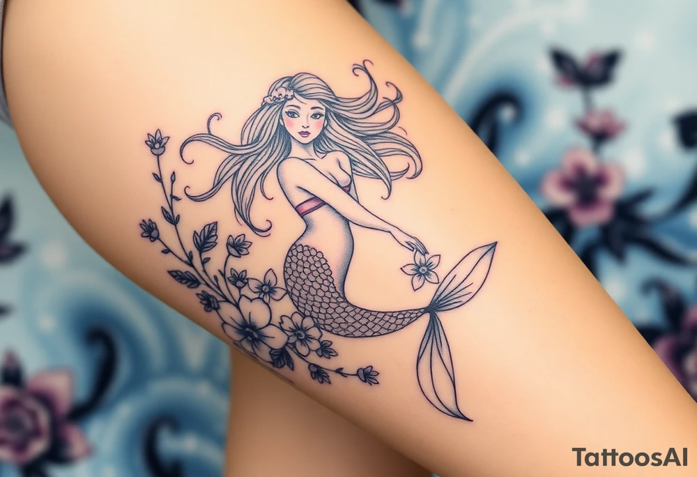 ethereal mermaid with flowing hair among coral and sea flowers tattoo idea