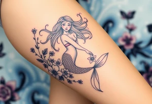 ethereal mermaid with flowing hair among coral and sea flowers tattoo idea