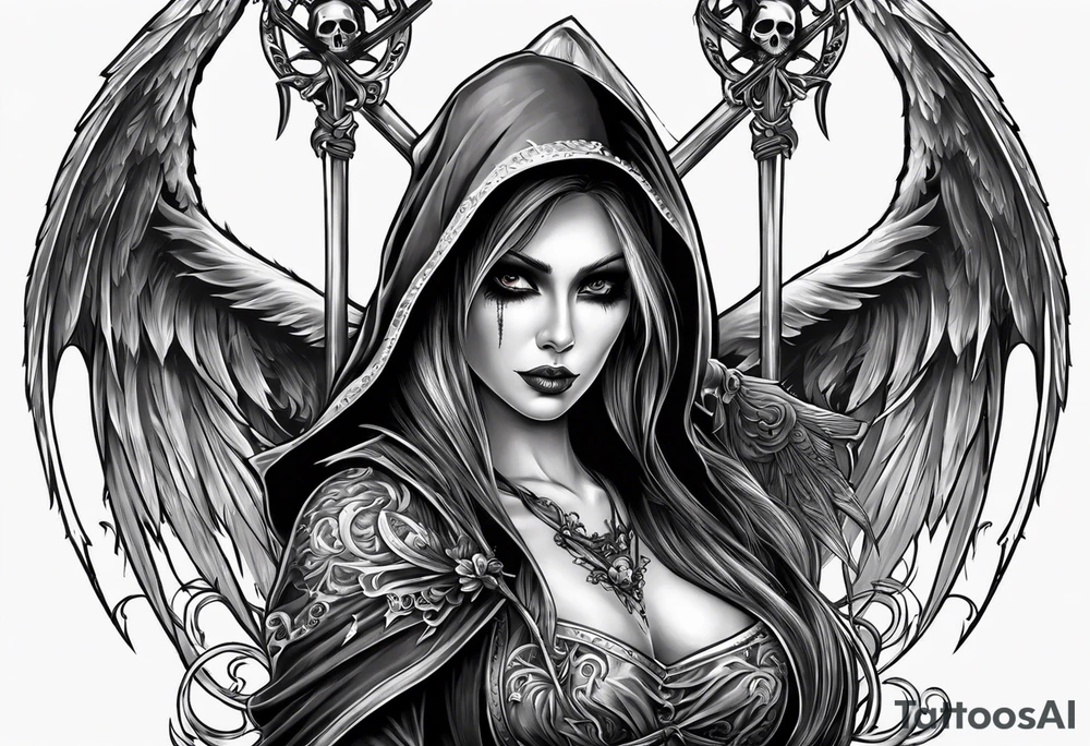 Lady grim reaper with wings, scythe and skulls tattoo idea