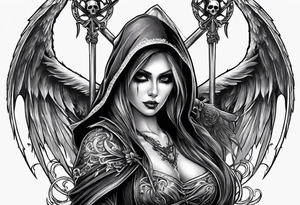 Lady grim reaper with wings, scythe and skulls tattoo idea