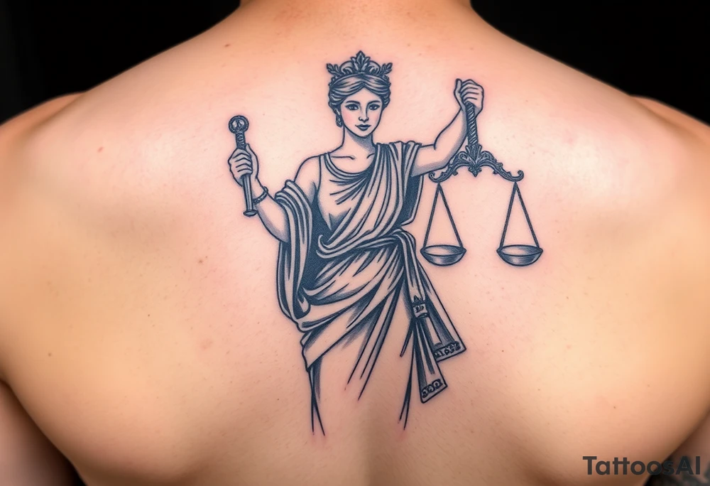 Neotraditional Lady Justice tattoo, in greco-roman robe, roman sword in one hand facing down, scales in other hand, rich colors tattoo idea
