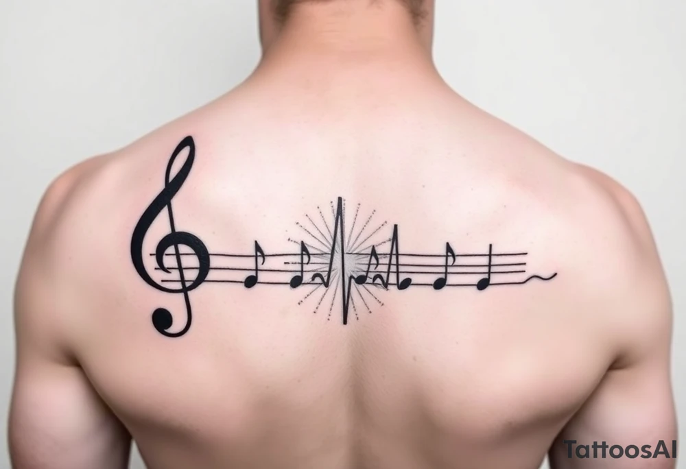 Music staff with treble clef and music notes with Ekg line in middle of tattoo tattoo idea