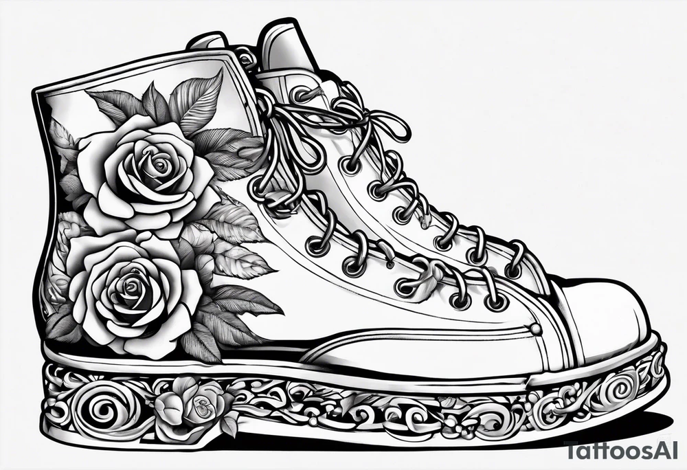 Pearl necklace wrapped around 1950s pinup pumps with roses surrounding tattoo idea