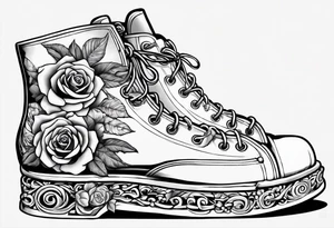 Pearl necklace wrapped around 1950s pinup pumps with roses surrounding tattoo idea