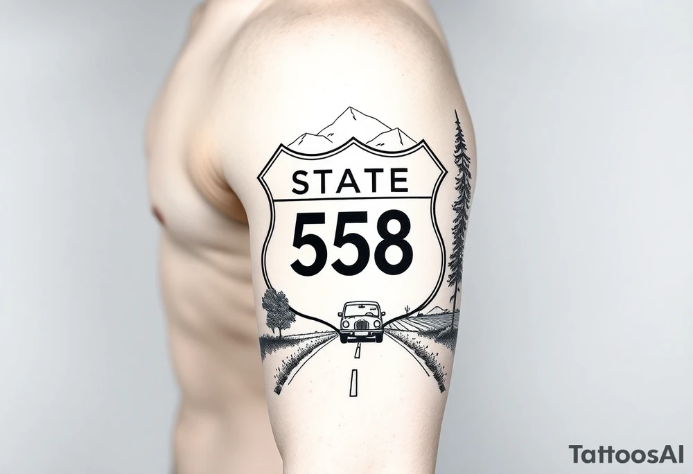 small State Route sign 558, with trees all around and a farm in background, road with a car scenic tattoo idea