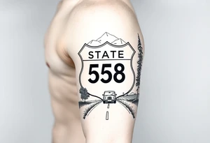 small State Route sign 558, with trees all around and a farm in background, road with a car scenic tattoo idea