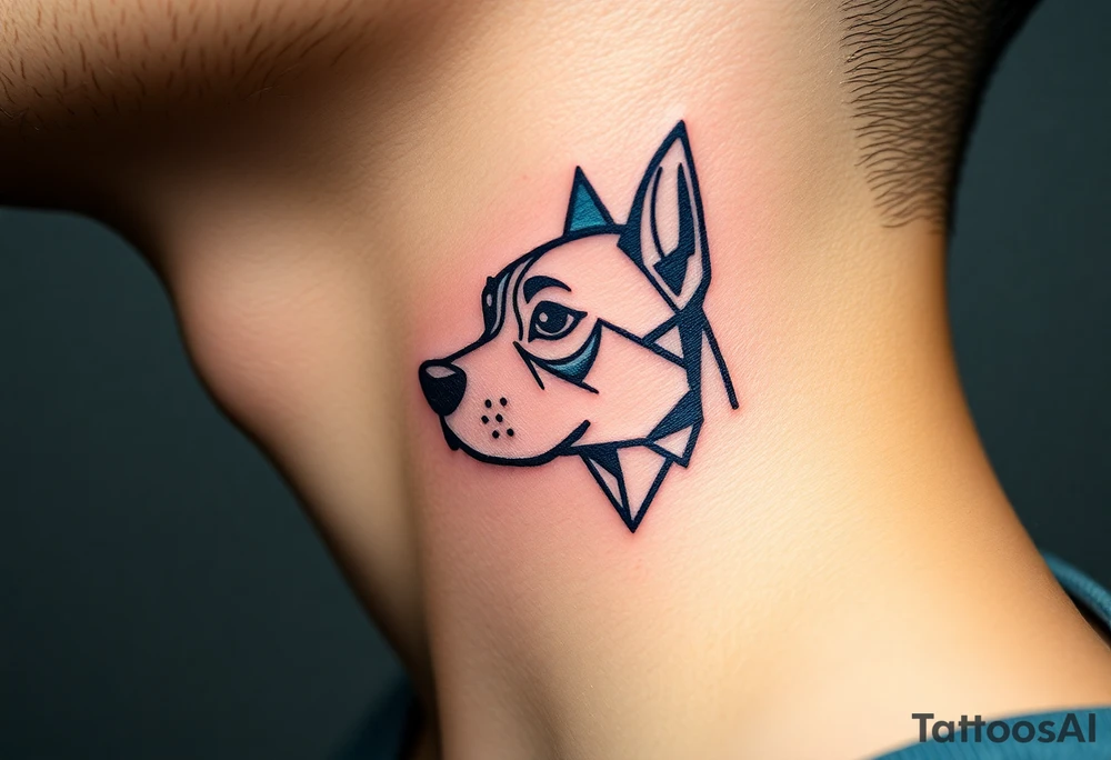 One line tattoo of dog with white strip going up dog’s snout slightly off centered. With young slightly out tattoo idea