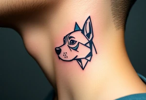One line tattoo of dog with white strip going up dog’s snout slightly off centered. With young slightly out tattoo idea