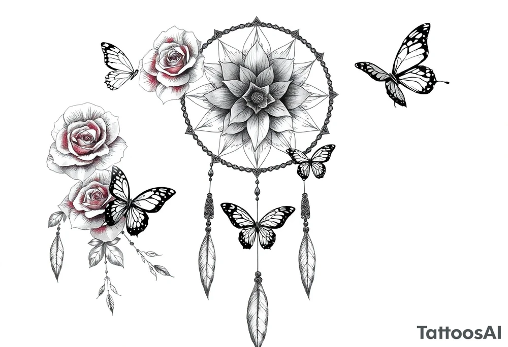 Dreamcatcher roses and butterflies tattoo idea