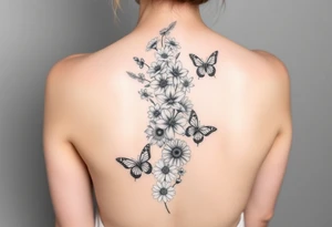 Singular Delphinium, violet, narcissus, rose, daisy bouquet vertically down the spine not connected with butterflies tattoo idea