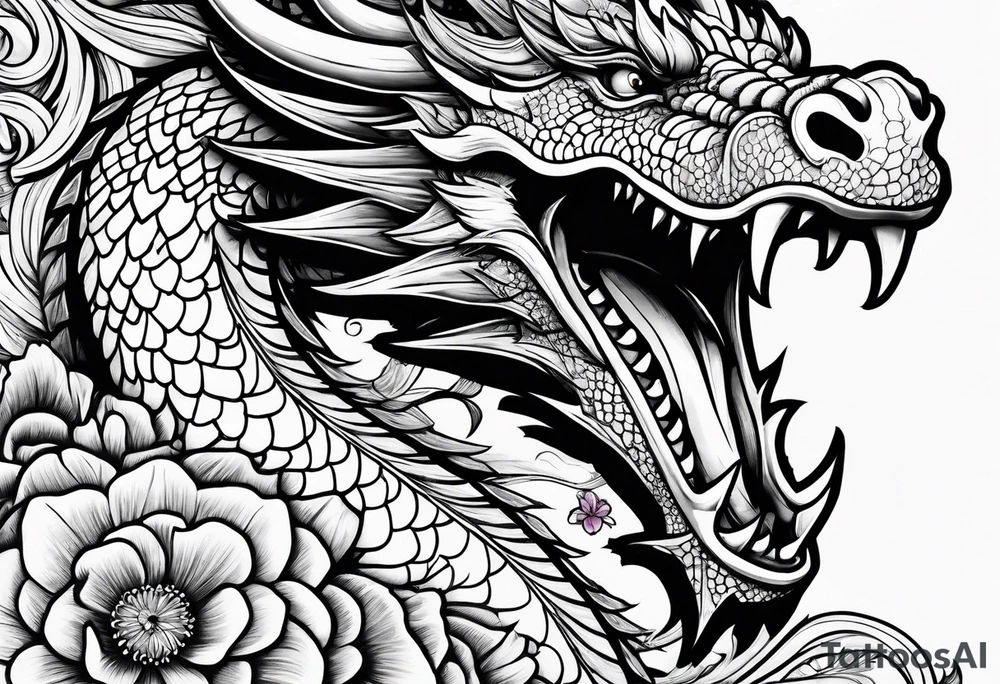 Dragon with sweet pea daisy flower tattoo idea