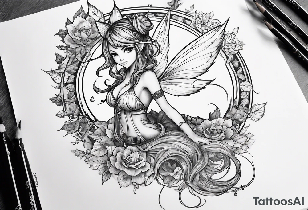 A fairy with a tail inspired by the logo of the show called Fairy Tail in a tattoo design sketch tattoo idea