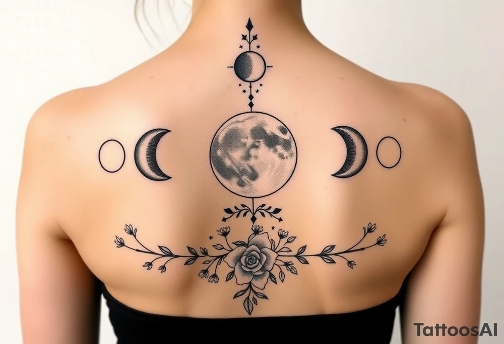 new moon, waxing crescent, first quarter, waxing gibbous, full moon, waning gibbous, third quarter, and waning crescent detailed down the spine details on the moon. With vines and stars and flowers along the sides down beside the phases of the moon tattoo idea
