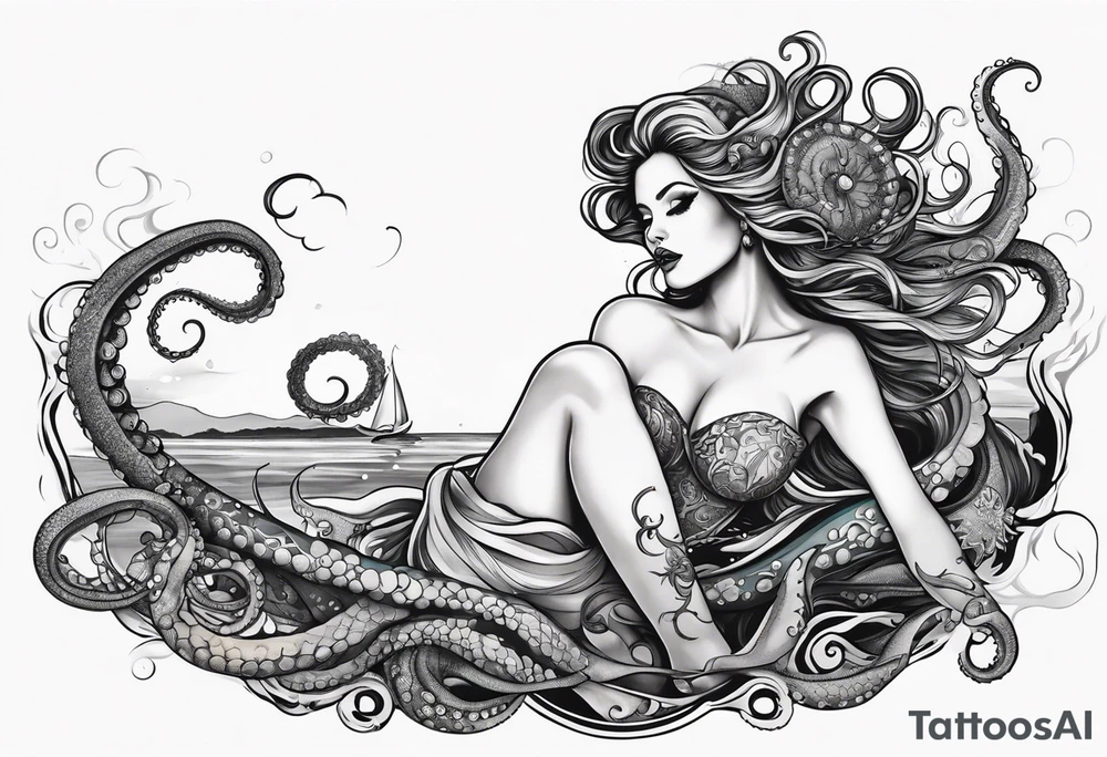 Sea witch with octopus tentacles pinup style tattoo idea