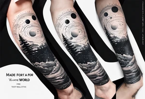 An outer space themed minimalist calf sleeve tattoo incorporating the quote, "Made for another world" in typewriter font tattoo idea