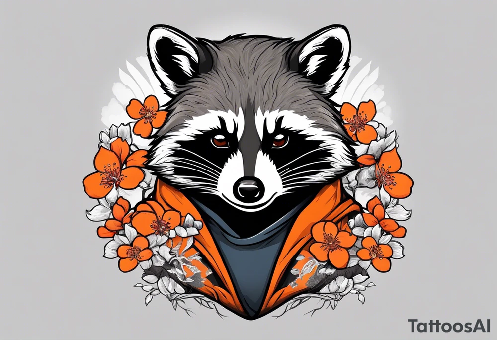 Raccoon wearing a white Superman logo on a black hoodie and orange Japanese cherry blossoms beside tattoo idea