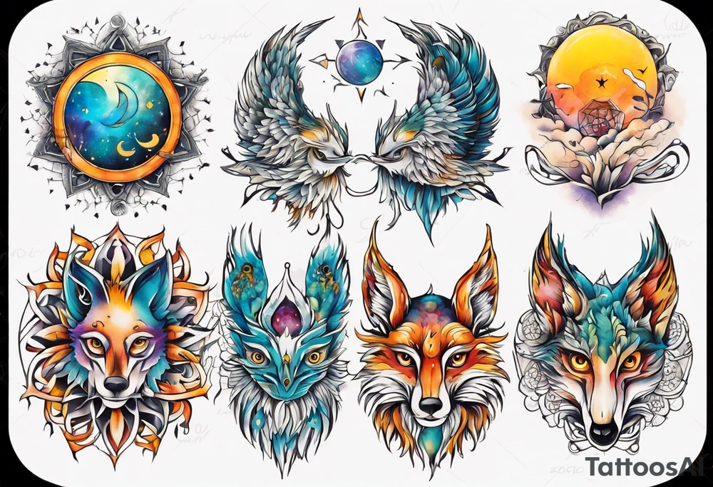 fisch, fuchs und eule , symetrie  sonne, universum, bunt tattoo idea