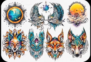 fisch, fuchs und eule , symetrie  sonne, universum, bunt tattoo idea