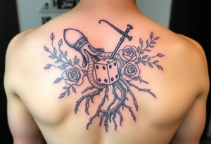 squid, knight intertwined with roses and tree roots rolling dice tattoo idea