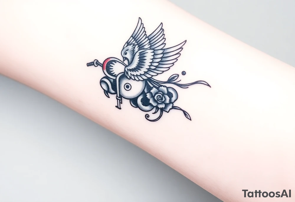 Motorcycle with a red bird flying with roses and lace with flames tattoo idea