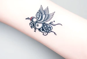 Motorcycle with a red bird flying with roses and lace with flames tattoo idea