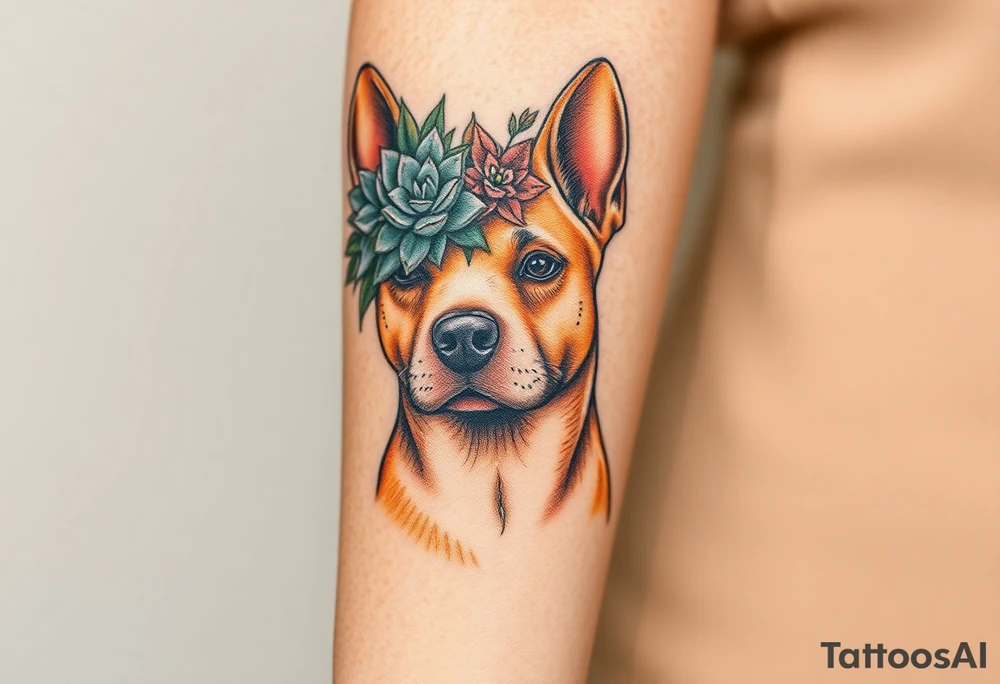 tan staffie with succulents and flowers surrounding her head tattoo idea