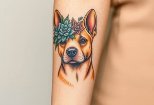 tan staffie with succulents and flowers surrounding her head tattoo idea