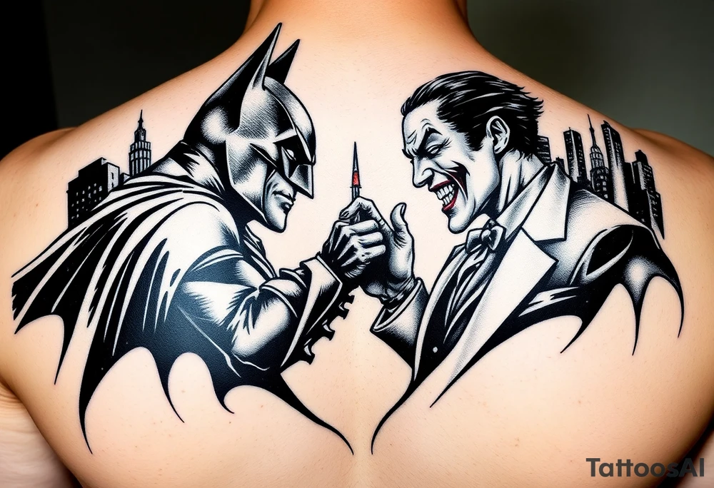 Large format batman and joker fighting in Gotham with buildings tops and bat signal light detailed tattoo idea