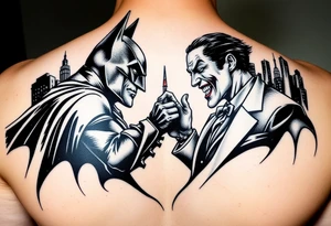 Large format batman and joker fighting in Gotham with buildings tops and bat signal light detailed tattoo idea