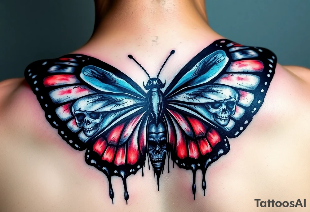 powerful majestic and dark monarch butterfly with skull detail in the wings
hidden skulls in wings, skull detail making the body of the butterfly with a horror style dripping effect, including blue, red and white colouring tattoo idea