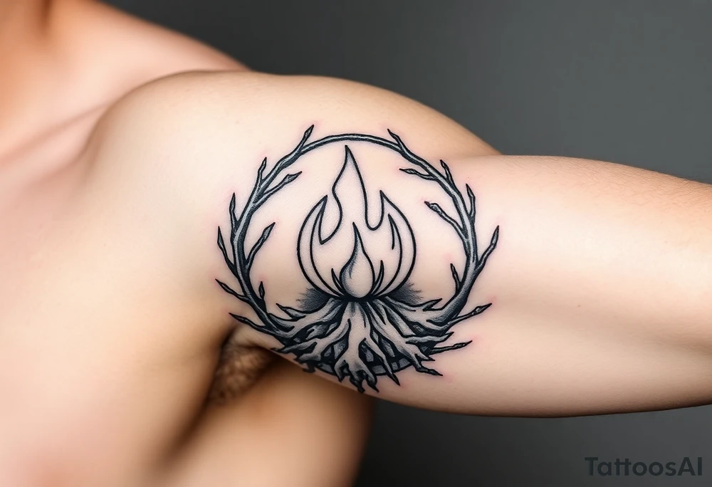 a round flame imprisoned in a roots circle tattoo idea