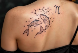 The Pisces zodiac sign floats beneath a delicate constellation drawn in pearlescent ink over a night-sky backdrop. tattoo idea