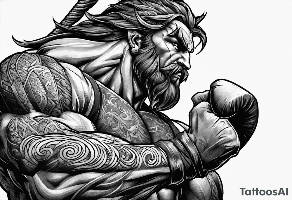 full body strong mythical giant turned to the side about to punch something stipple shading tattoo idea