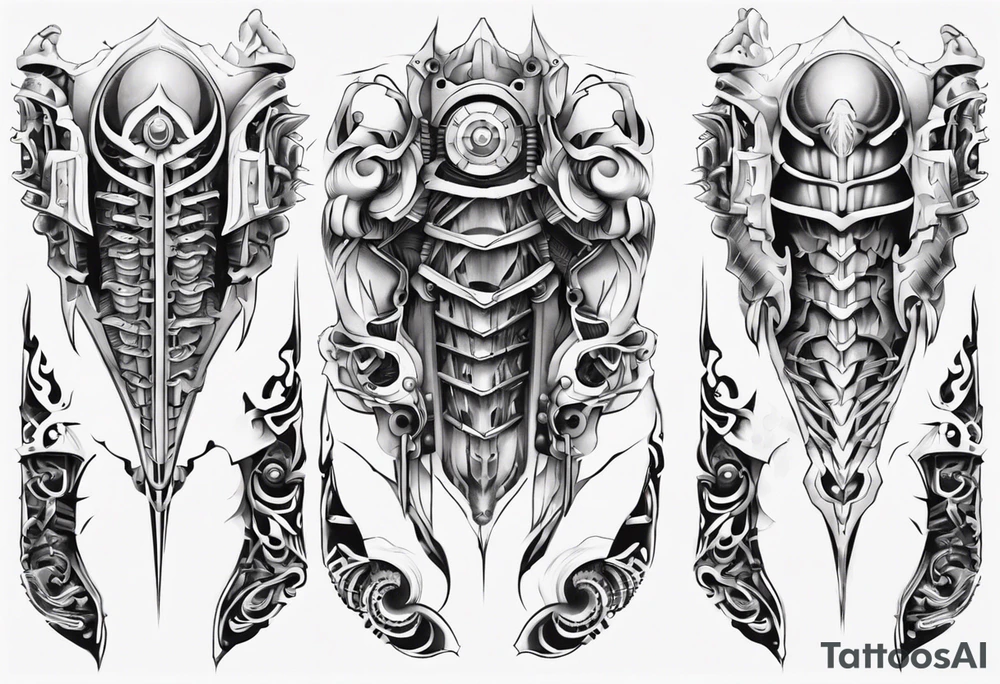 Leg armor mechanical symmetrical tattoo idea
