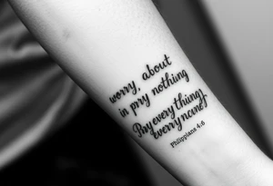 philippians 4:6 “worry about nothing, pray about everything” make this into a graphic type of tattoo with no words just meaning. tattoo idea