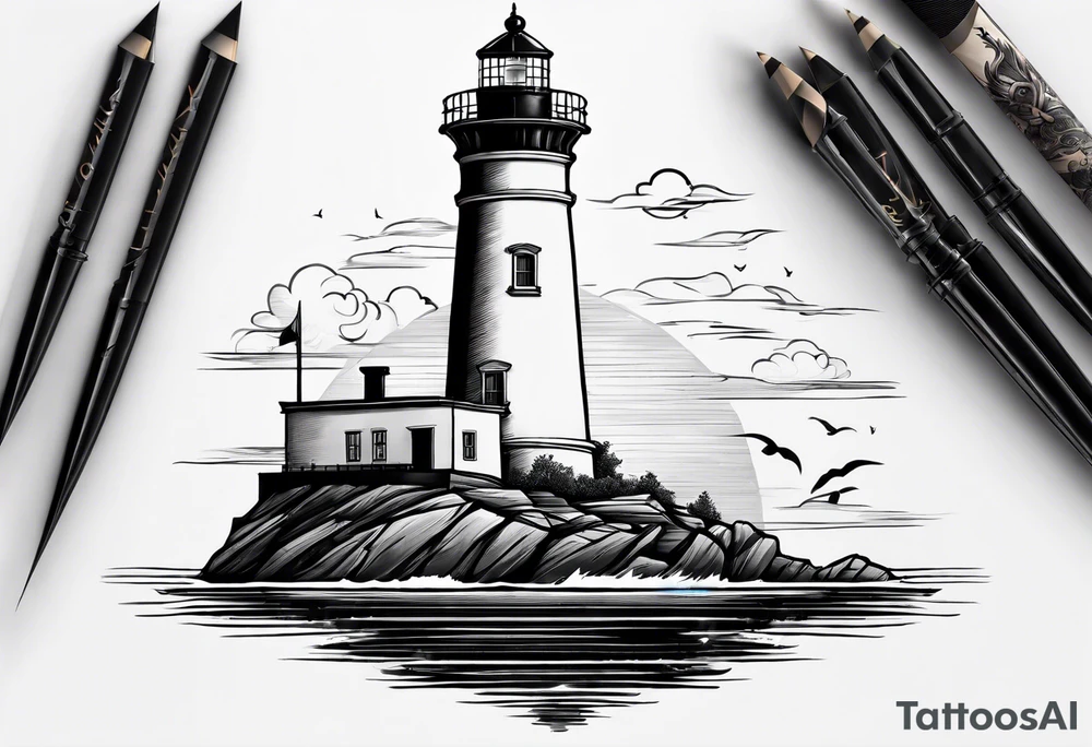 maritime lighthouse partially hidden by its  large fixed sails. tattoo idea