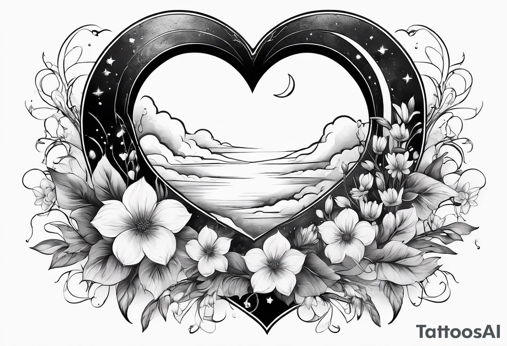 Crescent moon with a heart inside, shrouded by beautiful flowers with wisps of mist tattoo idea