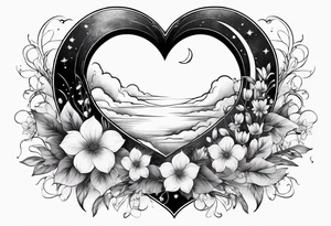 Crescent moon with a heart inside, shrouded by beautiful flowers with wisps of mist tattoo idea