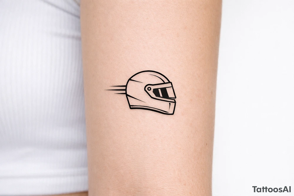 Minimalist motorsport tattoo, a sleek racing helmet in side profile with two subtle aerodynamic speed lines, black ink only, clean geometric linework, no shading, no text, compact square composition, highly recognizable at 5x5 cm, professional tattoo stencil, white background. tattoo idea
