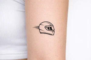 Minimalist motorsport tattoo, a sleek racing helmet in side profile with two subtle aerodynamic speed lines, black ink only, clean geometric linework, no shading, no text, compact square composition, highly recognizable at 5x5 cm, professional tattoo stencil, white background. tattoo idea