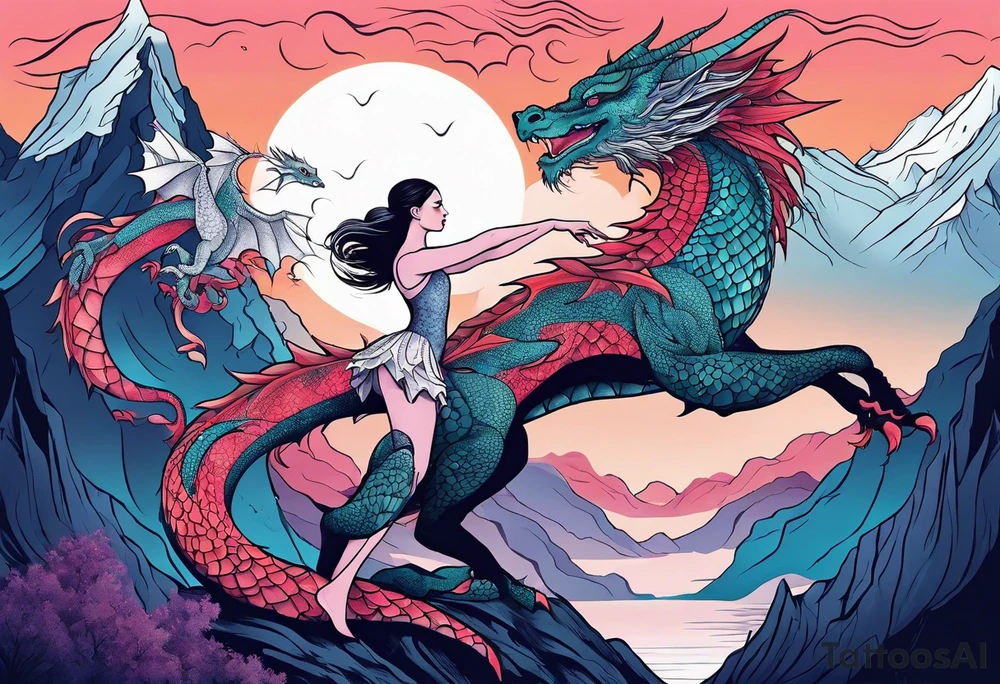 ballerina dancing with dragon in the mountains tattoo idea