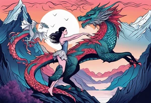ballerina dancing with dragon in the mountains tattoo idea