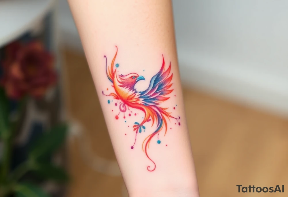 Phoenix with splashes of color in fire tattoo idea